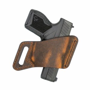 Handgun in leather holster, top view