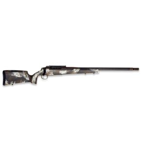 Camo-pattern hunting rifle on white background.