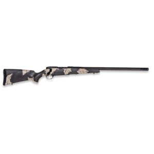 Camouflage bolt-action rifle, right side view.