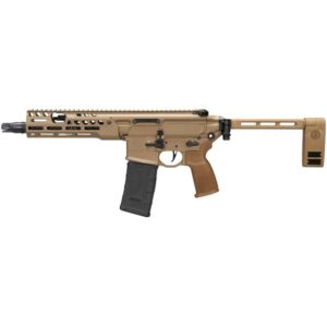 Tan tactical rifle with magazine and adjustable stock.