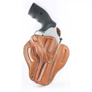 Revolver in brown leather holster, white background.
