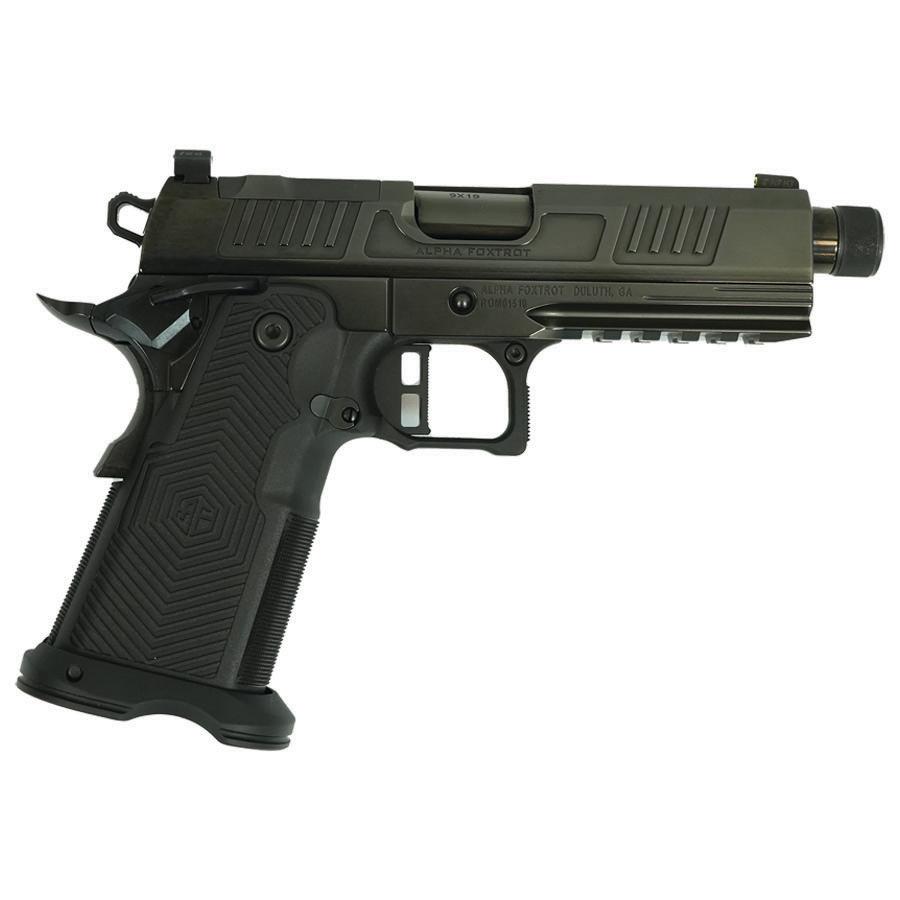 Black handgun with textured grip and rail system.