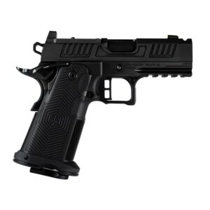 Black handgun with textured grip, side view