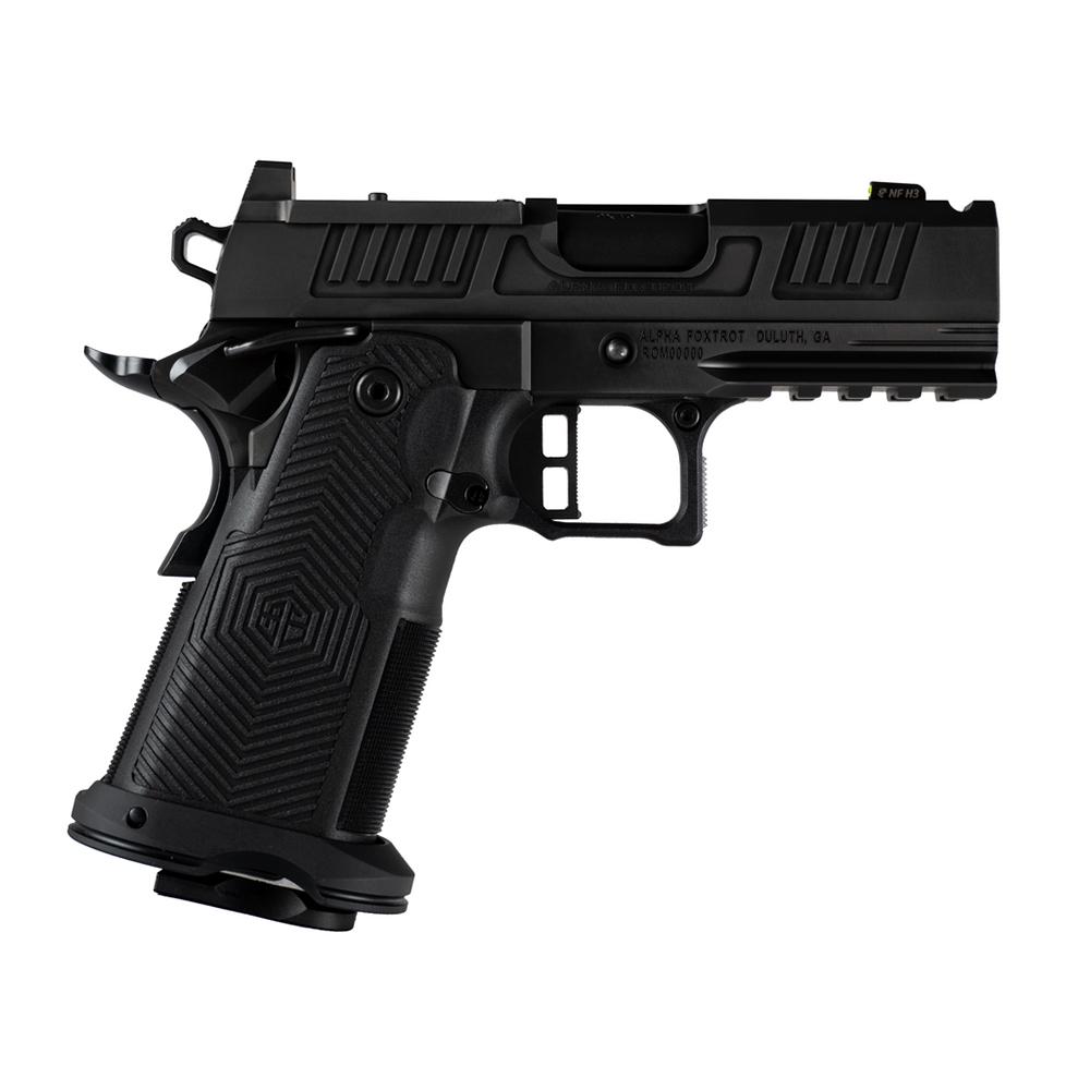 Black handgun with textured grip, side view
