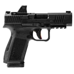 Black handgun with a red dot sight