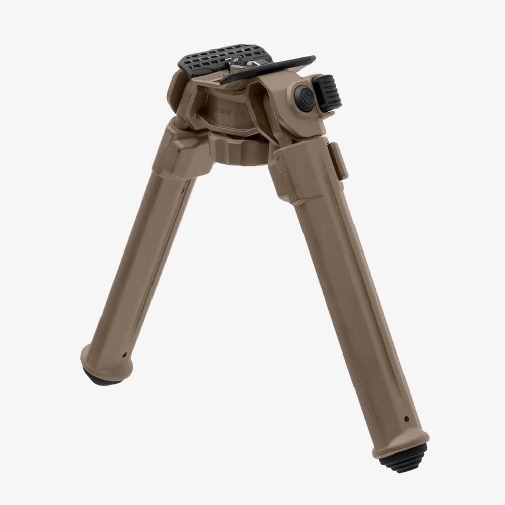 Tan bipod with adjustable legs on white background.