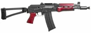 Modern tactical rifle with folding stock and red grip.