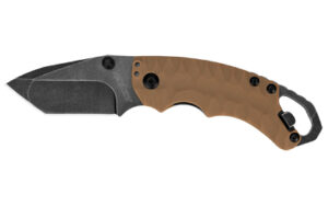 Compact folding knife with black and tan design.