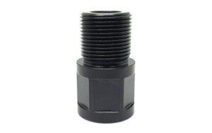 Black metal firearm adapter with threaded end.