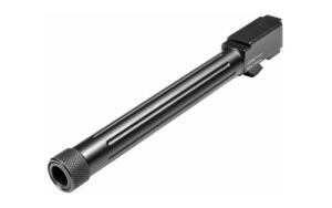 Long black metal gun barrel with grooved surface