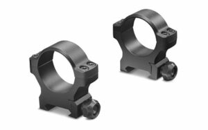 Black scope mounting rings for rifles.