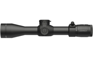 Black rifle scope with adjustment knobs and branding.
