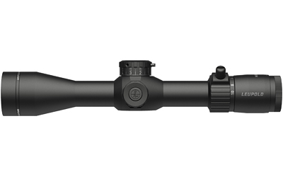 Black rifle scope with adjustment knobs and branding.