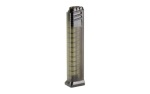 High-capacity firearm magazine, transparent body.
