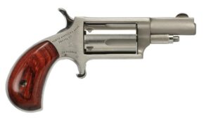 Compact revolver with wooden grip and silver finish.