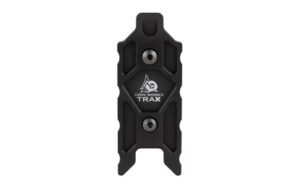 Black metal tool accessory with screws and logo.