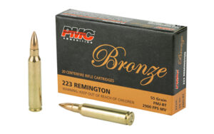 PMC .223 Remington ammunition box and bullets.