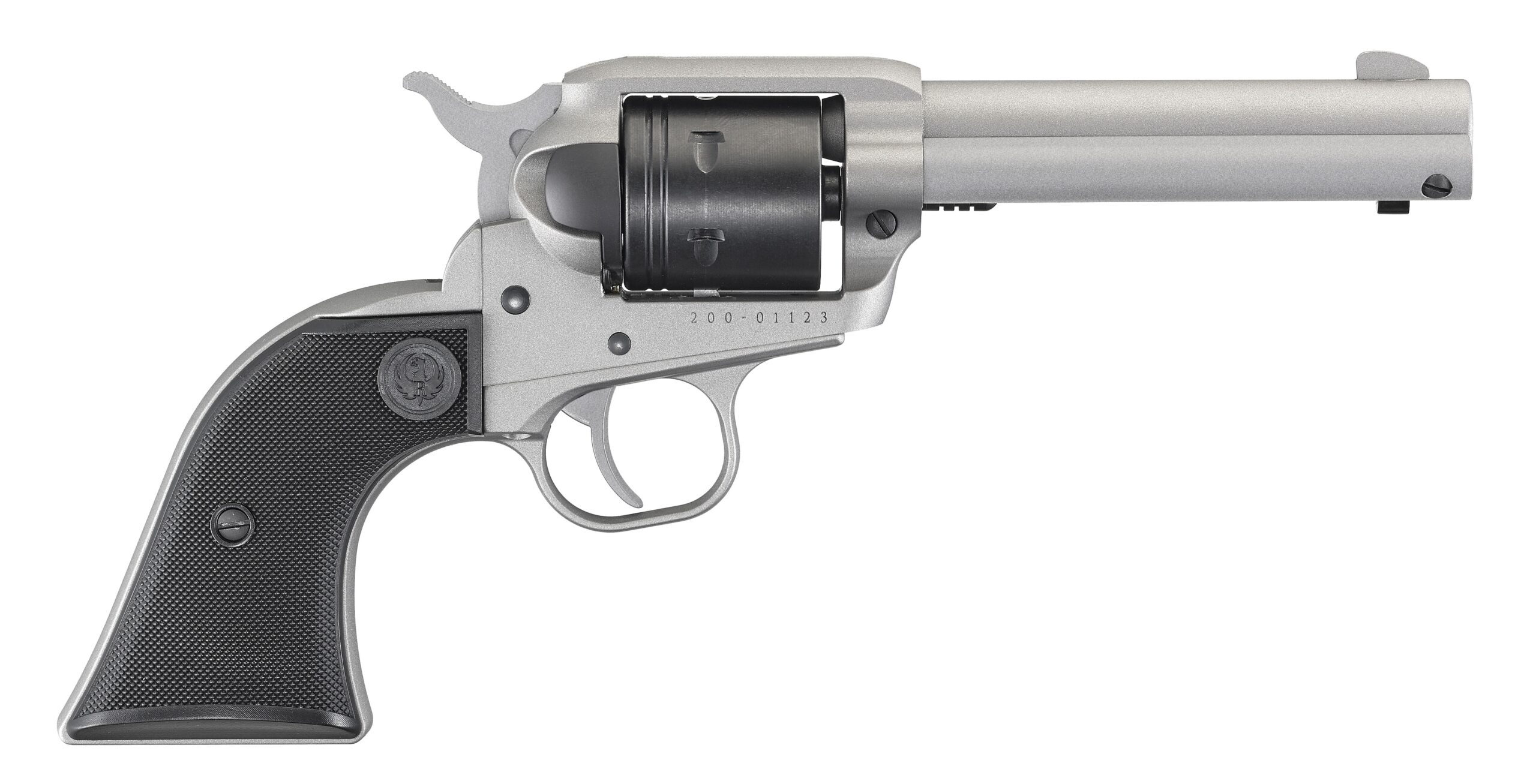 Revolver handgun with black grip and silver barrel