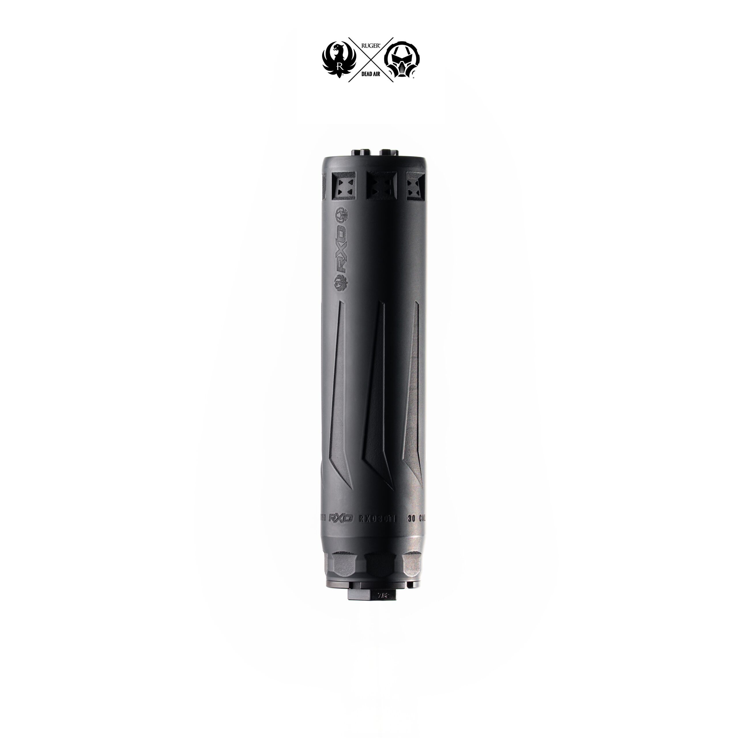 Black firearm suppressor on white background