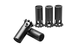 Four black metal cylindrical adapters on white background.