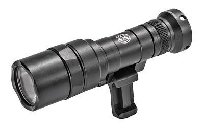 Tactical black flashlight with mounting attachment.