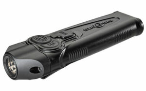 Compact black flashlight with multiple buttons