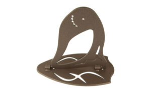 Metal stand with abstract design and cutouts.