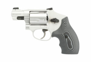 Silver revolver with black grip handle