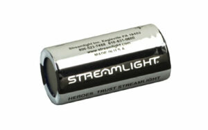 Streamlight battery, cylindrical, silver casing.