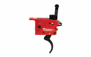 Timney trigger, firearm component, red and black.