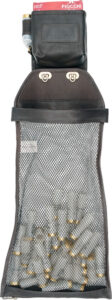 Mesh pouch with ammunition and leather bag