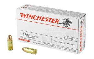 Winchester 9mm Luger ammunition box and bullets.