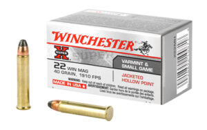 Winchester .22 Mag ammo box and bullets.