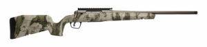 Camouflage bolt-action hunting rifle, side view.