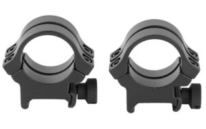 Pair of black scope mounts for rifles.