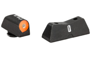 Black gun sights with orange and white indicators.