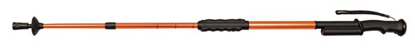 Orange trekking pole with black grip and tip