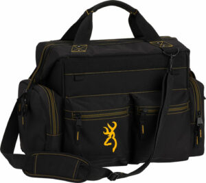 Black tactical bag with logo, multiple pockets.