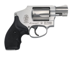 Silver revolver with black grip.