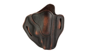 Brown leather gun holster with stitching details.