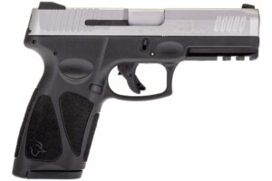 Semi-automatic handgun with textured grip and slide.