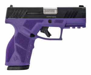 Purple handgun with textured grip and black slide.