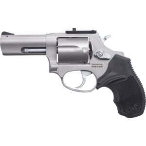 Taurus revolver with black grip and silver barrel.
