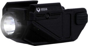 Black tactical flashlight with Viridian logo