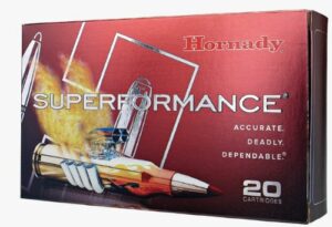 Hornady Superformance ammunition box with 20 cartridges.