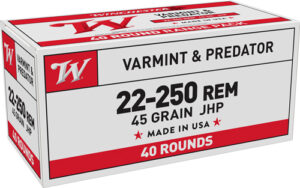 Winchester 22-250 ammo box, 40 rounds, varmint use.