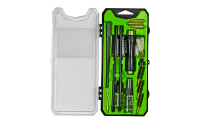 Comprehensive gun cleaning kit in green plastic case.