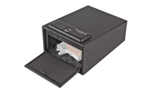 Black gun safe with open door and pistol