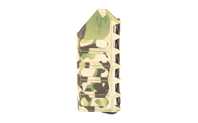 Camouflage tactical gear holder against white background.