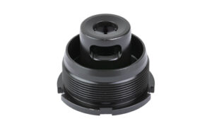 Black automotive part, threaded and cylindrical design.